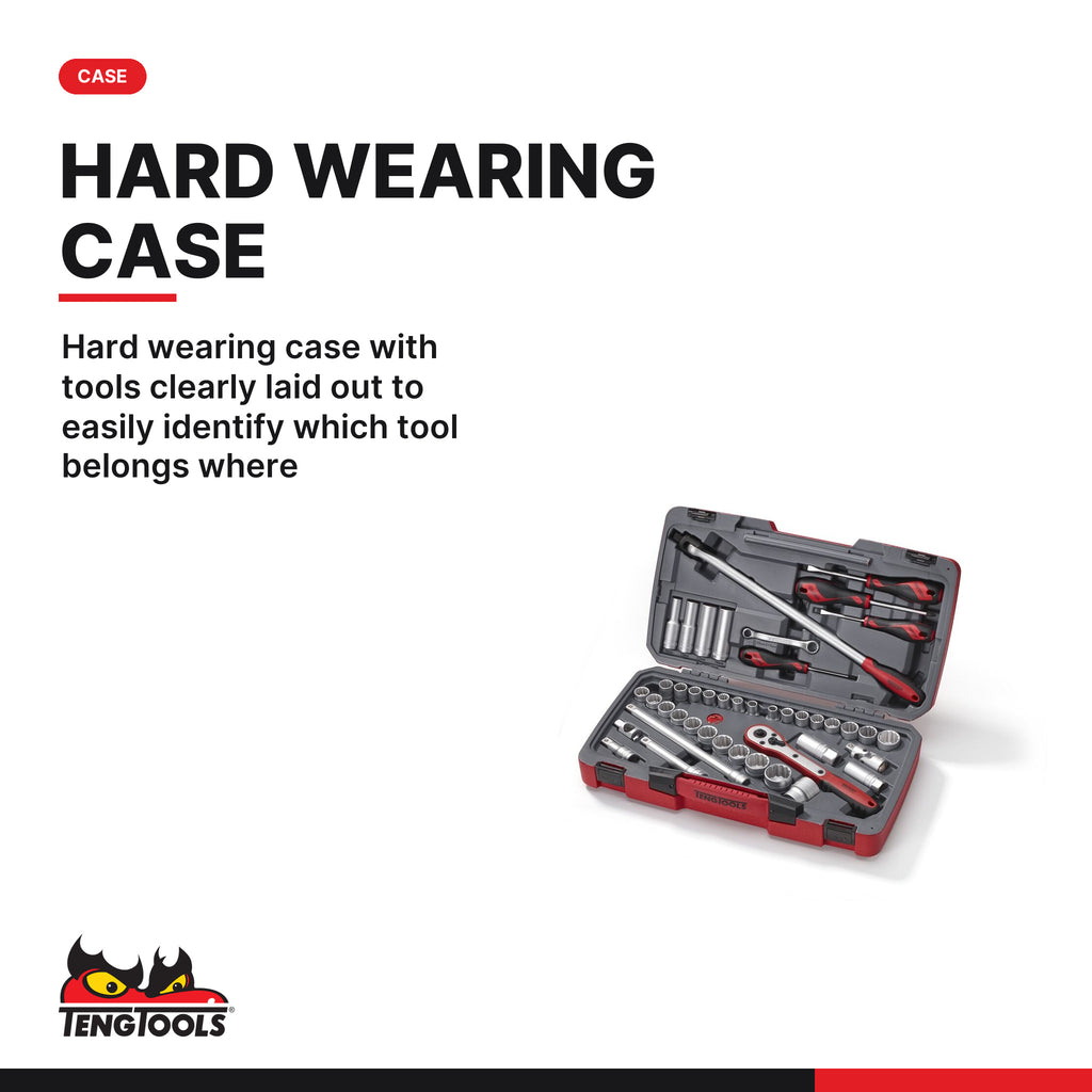 Teng Tools T1244 MECCA PRO 1/2" Socket & Tool Set mm/AF 44 Pieces, hard wearing case with tools clearly laid out to easily