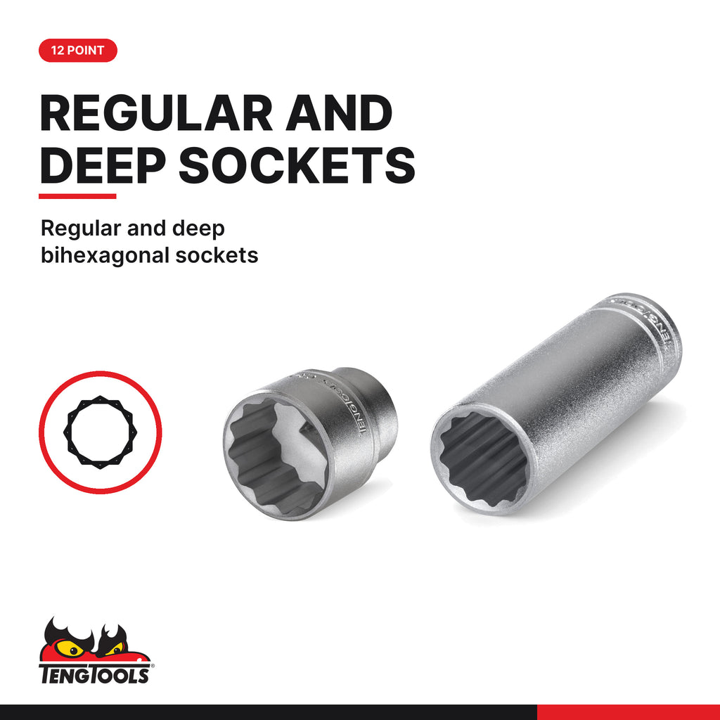 Teng Tools T1244 MECCA PRO 1/2" Socket & Tool Set mm/AF 44 Pieces, regular and deep bihexagonal sockets