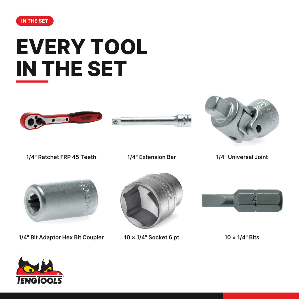 Teng Tools T1424 1/4" Socket Set 6 pt 24 Pieces, every tool in the set