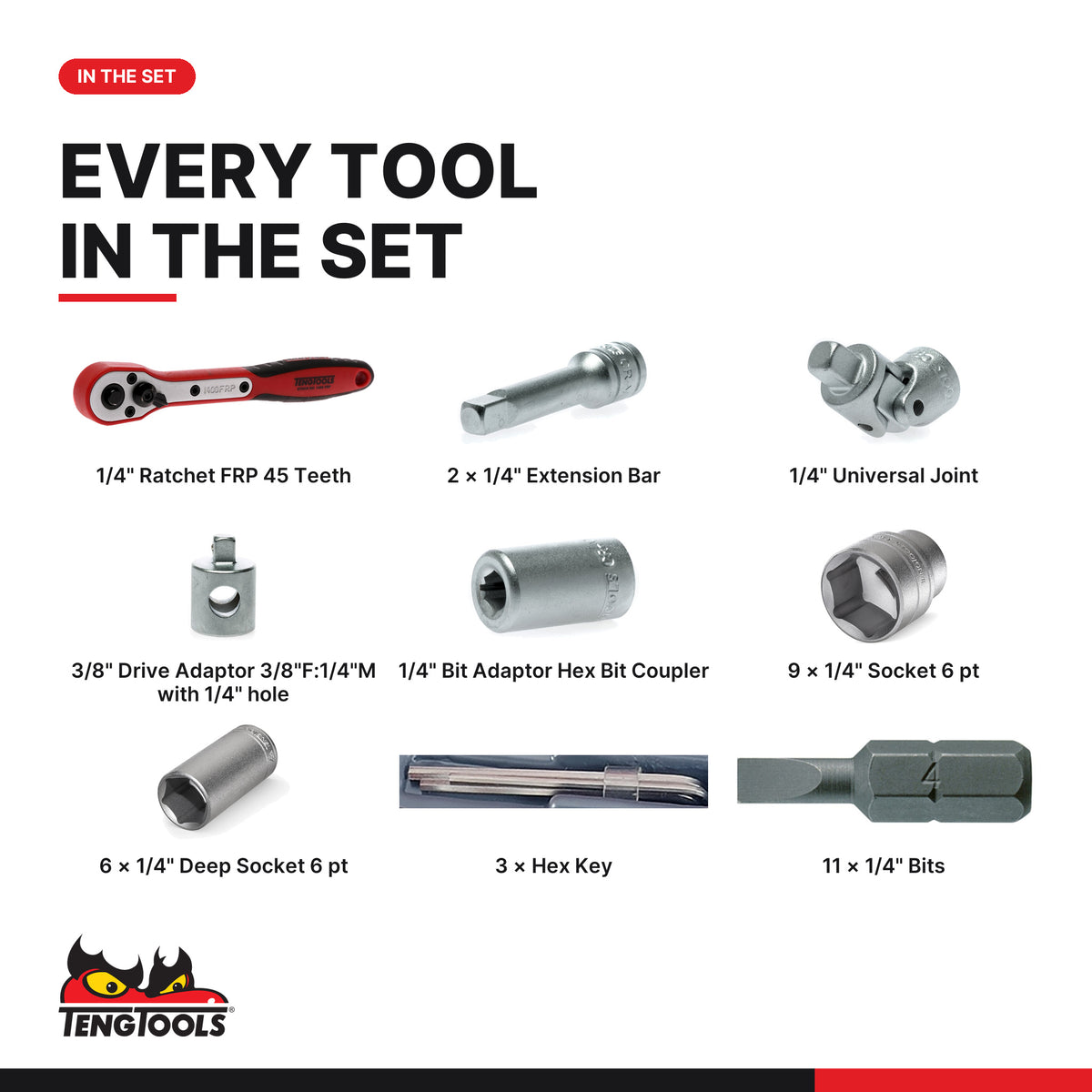 Teng Tools T1435AF 1/4" Socket Set 6 pt AF 35 Pieces, every tool in the set