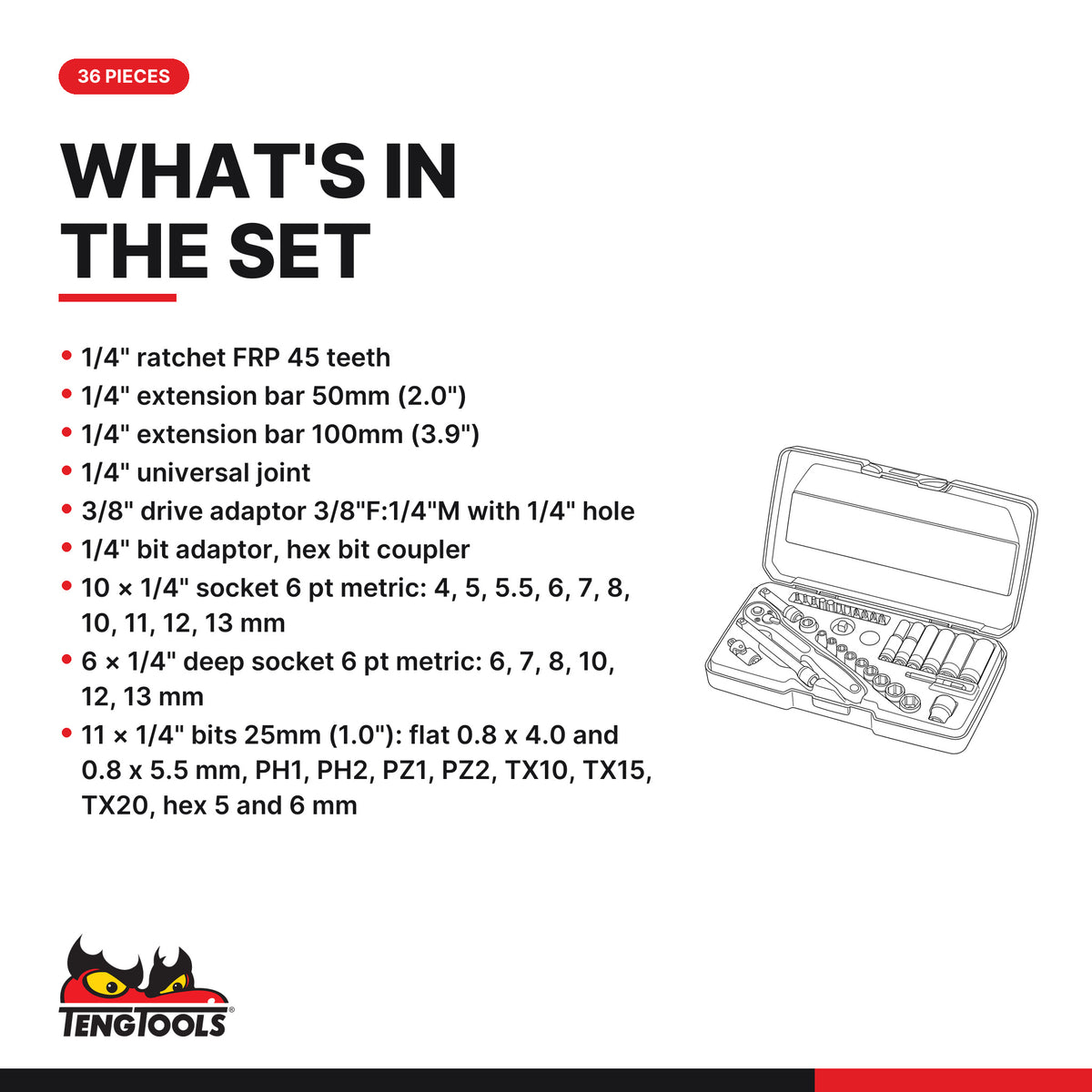 Teng Tools T1436 1/4" Socket Set 6 pt 36 Pieces, what's in the set