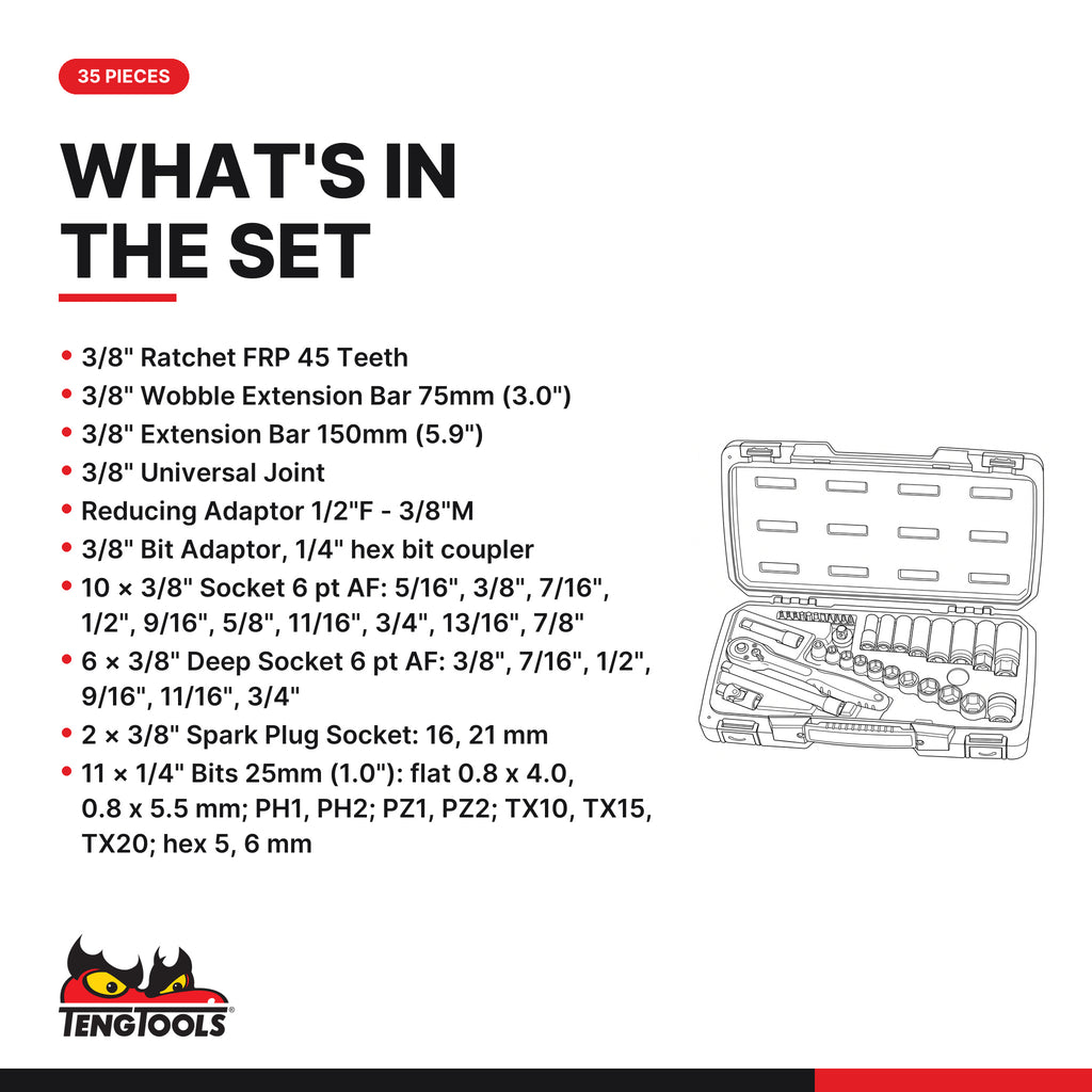 Teng Tools T3835AF MECCA PRO 3/8" Socket Set 6 pt AF 35 Pieces, what's in the set
