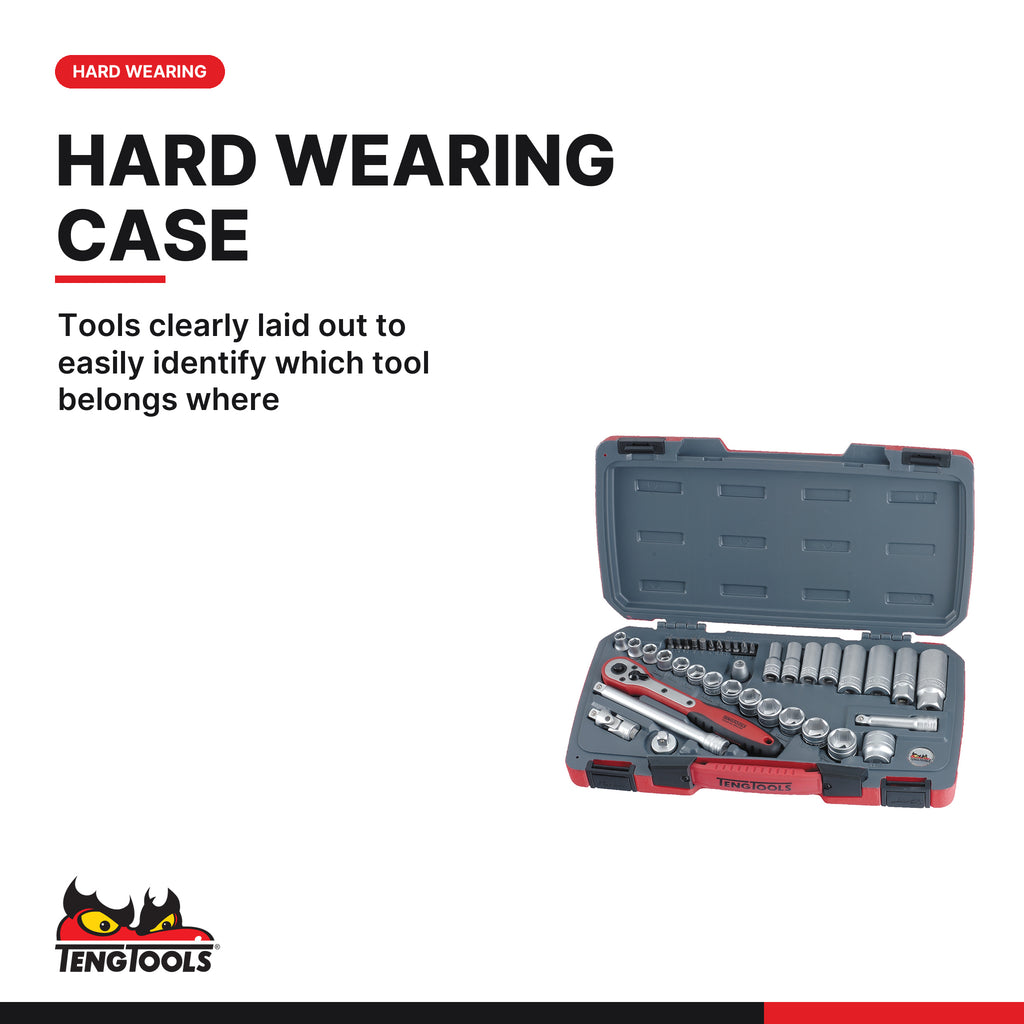 Teng Tools T3839 MECCA PRO 3/8" Socket Set 6 pt 39 Pieces, tools clearly laid out to easily identify which tool belongs where