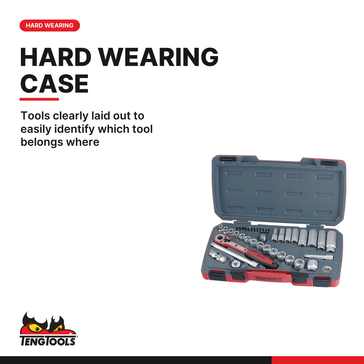 Teng Tools T3839 MECCA PRO 3/8" Socket Set 6 pt 39 Pieces, tools clearly laid out to easily identify which tool belongs where