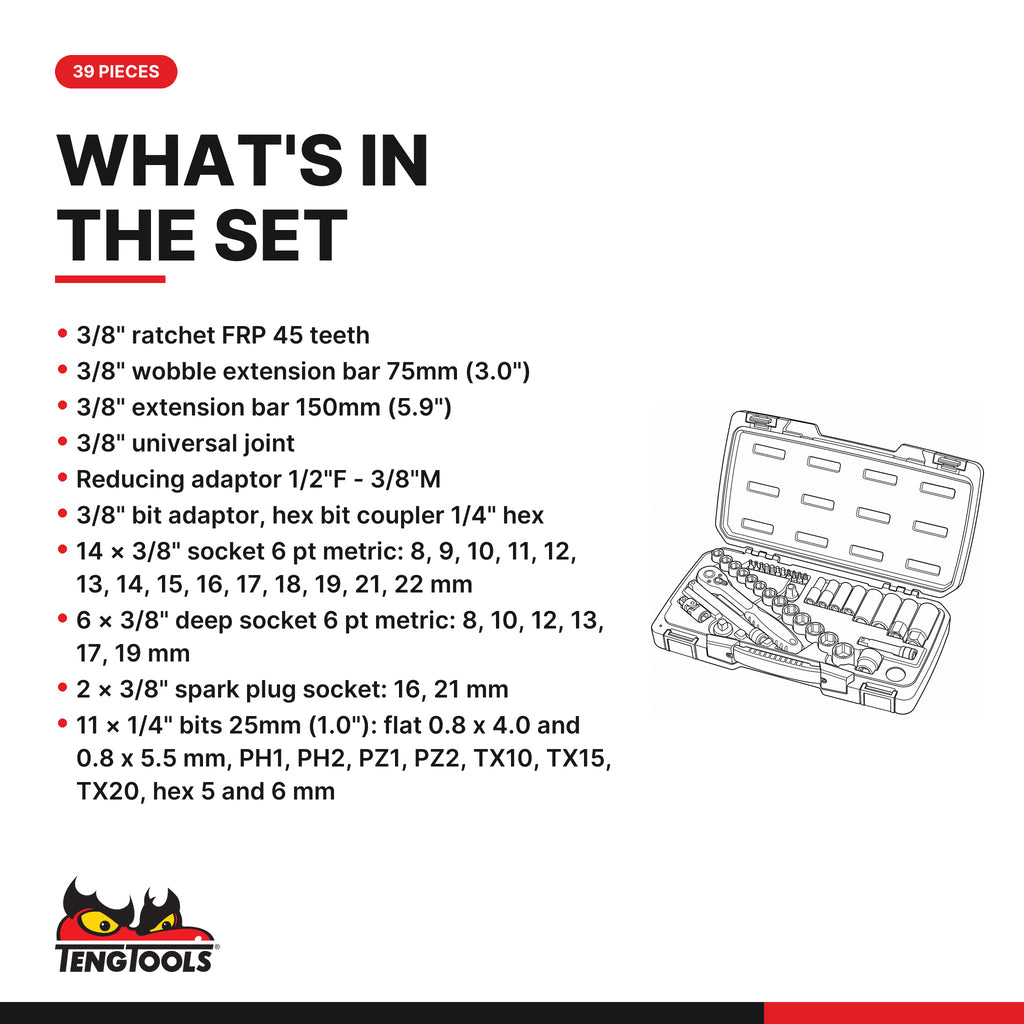 Teng Tools T3839 MECCA PRO 3/8" Socket Set 6 pt 39 Pieces, what's in the set