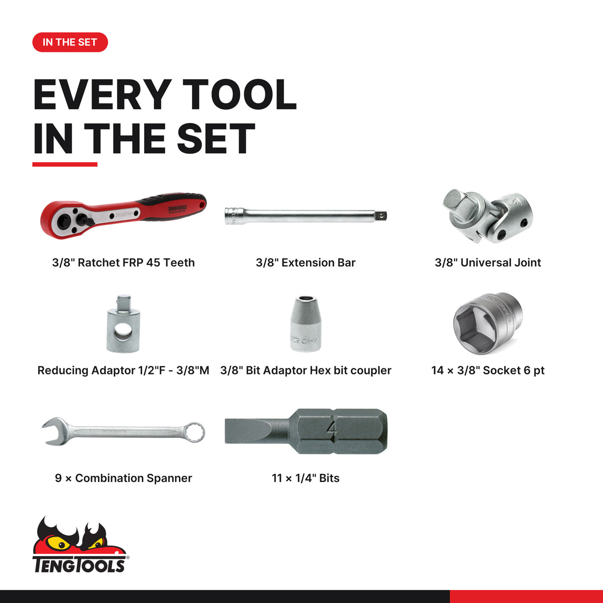 Teng Tools T3840 MECCA PRO 3/8" Socket & Tool Set 39 Pieces, every tool in the set