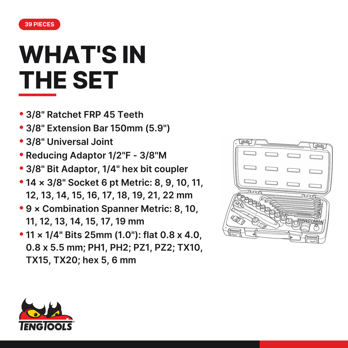 Teng Tools T3840 MECCA PRO 3/8" Socket & Tool Set 39 Pieces, what's in the set