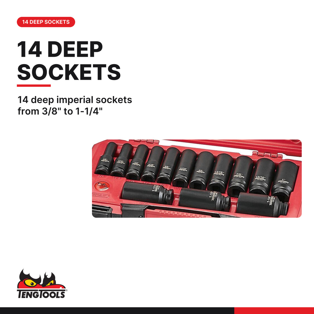 Teng Tools T9218LAF MECCA PRO 1/2" Deep Impact Socket Set DIN AF 18, 14 deep imperial sockets from 3/8" to 1-1/4"