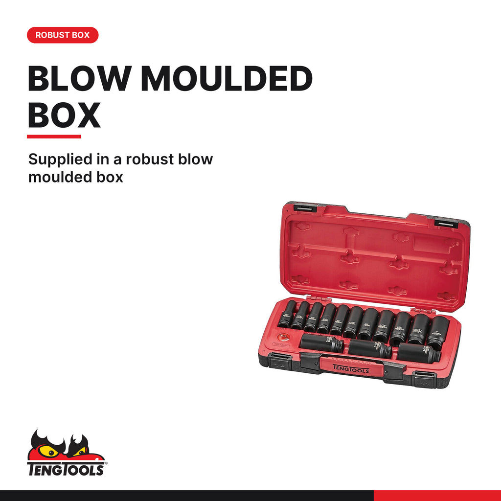 Teng Tools T9218LAF MECCA PRO 1/2" Deep Impact Socket Set DIN AF 18, supplied in a robust blow moulded box