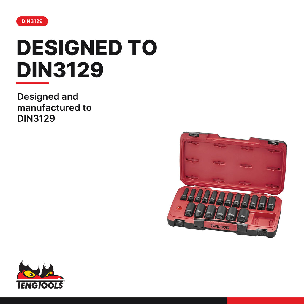 Teng Tools T9222L MECCA PRO 1/2" Deep Impact Socket Set DIN 22 Pieces, designed and manufactured to DIN3129