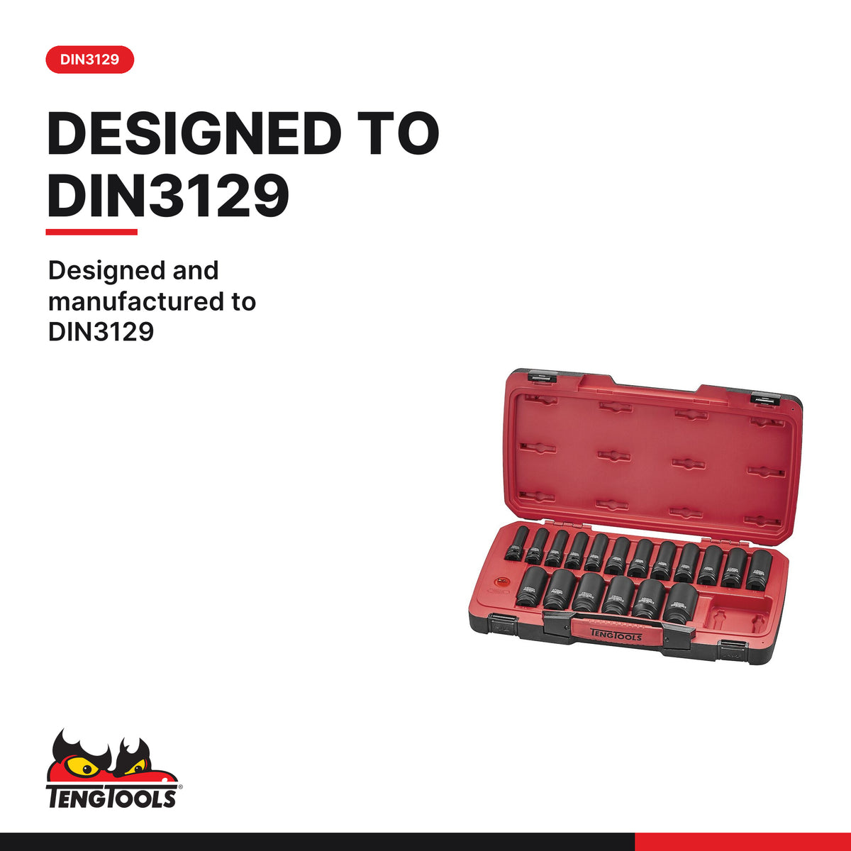 Teng Tools T9222L MECCA PRO 1/2" Deep Impact Socket Set DIN 22 Pieces, designed and manufactured to DIN3129