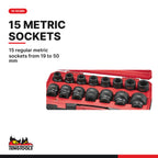 Teng Tools T9417 MECCA PRO 3/4" Impact Socket Set DIN 17 Pieces 19-50 mm, 15 regular metric sockets from 19 to 50 mm