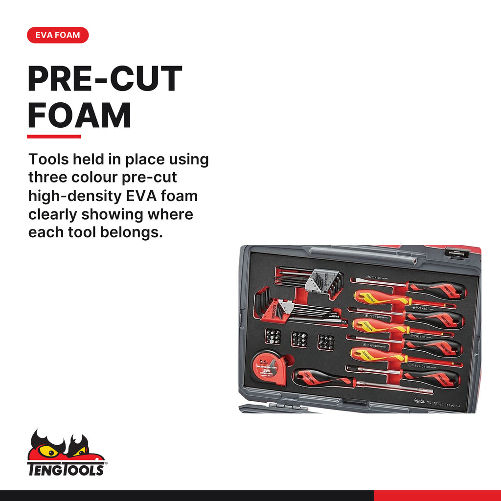 Teng Tools TC-6TE01 MECCA PRO TC-6T FOAM Tool Kit 112 Pieces, tools held in place using three colour pre-cut high-density
