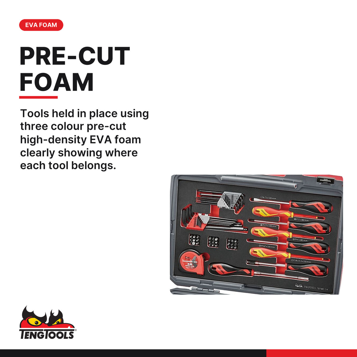 Teng Tools TC-6TE01 MECCA PRO TC-6T FOAM Tool Kit 112 Pieces, tools held in place using three colour pre-cut high-density