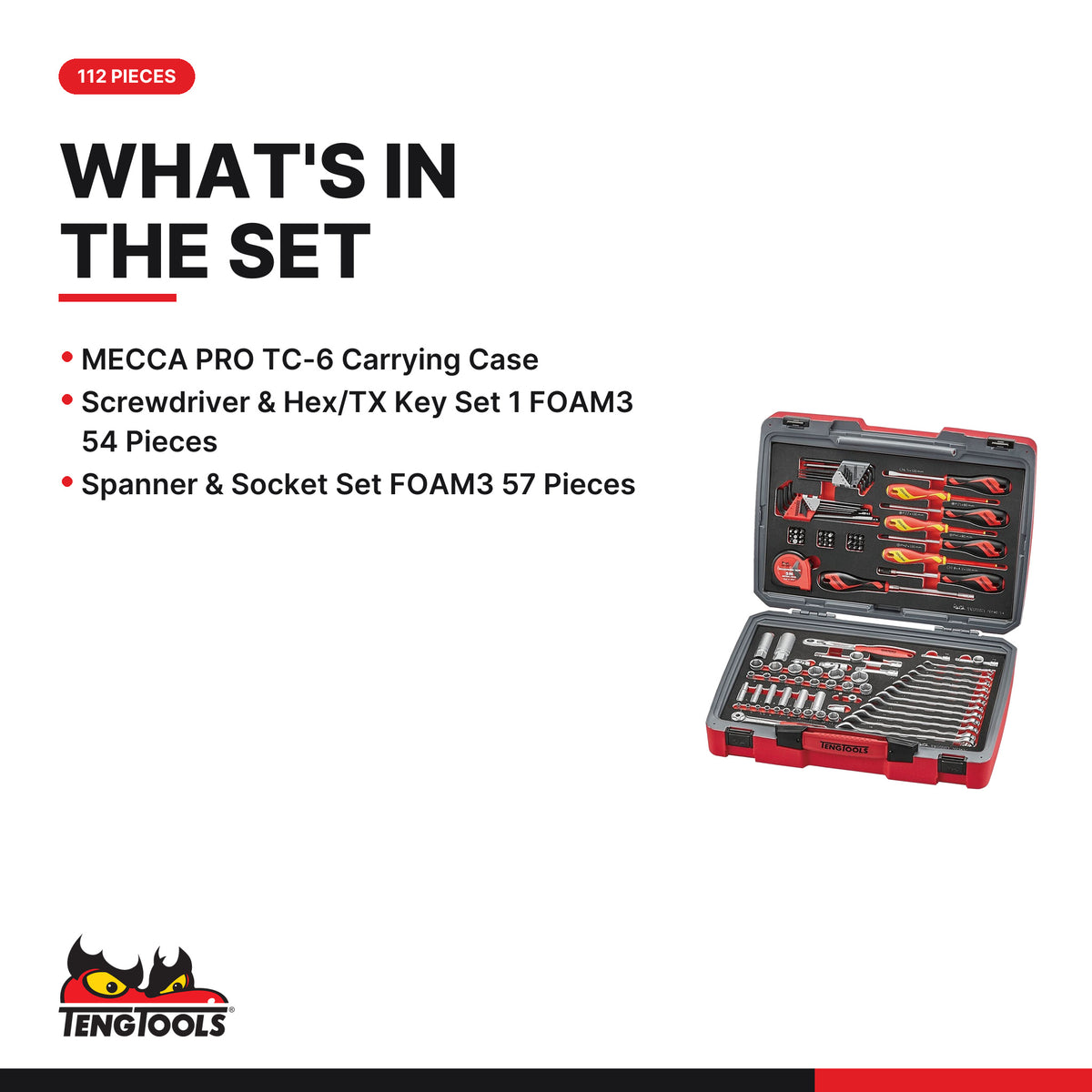 Teng Tools TC-6TE01 MECCA PRO TC-6T FOAM Tool Kit 112 Pieces, what's in the set