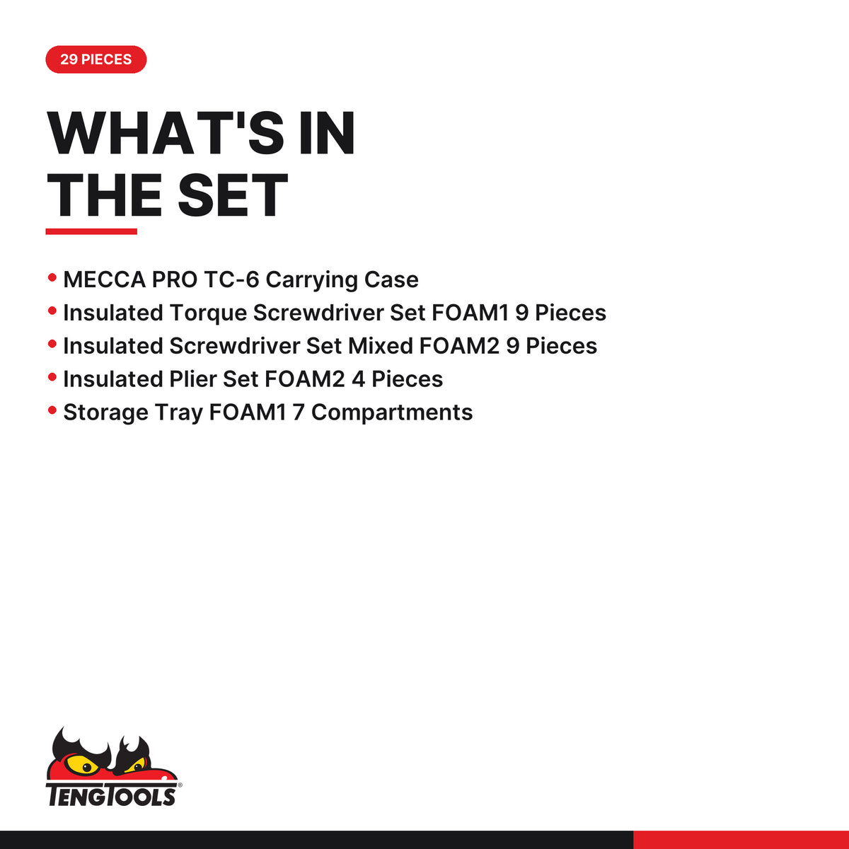 Teng Tools TC-6TE02 MECCA PRO TC-6T FOAM Electrician Tool Kit 29 Pieces, what's in the set
