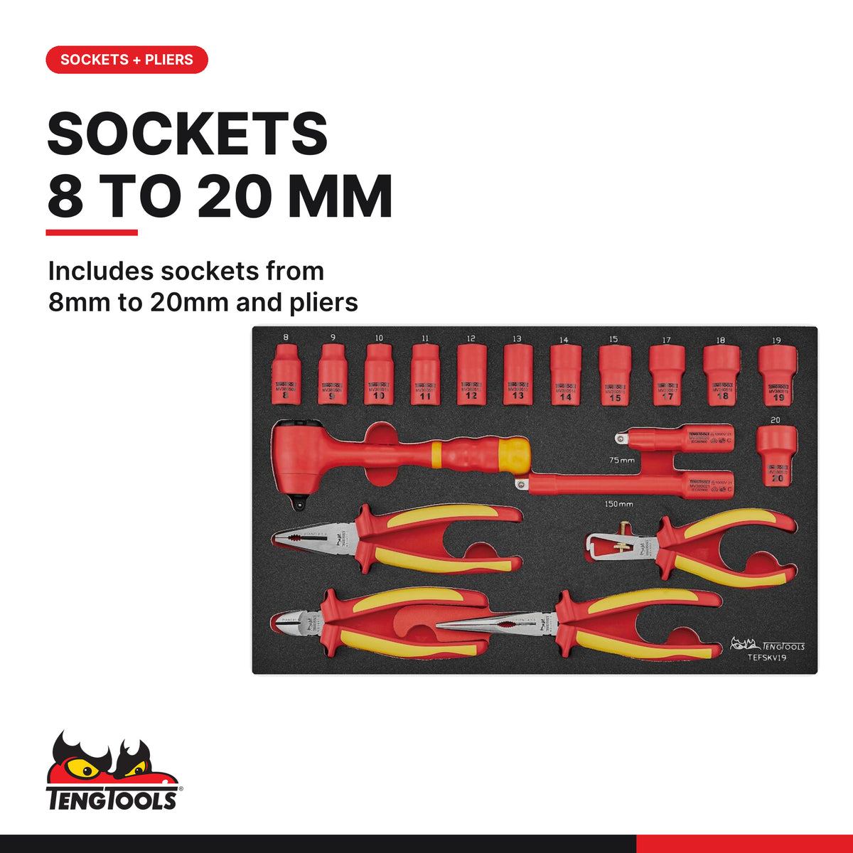Teng Tools TC-6TE03 MECCA PRO TC-6T FOAM Electrician Tool Kit 37 Pieces, includes sockets from 8mm to 20mm and pliers