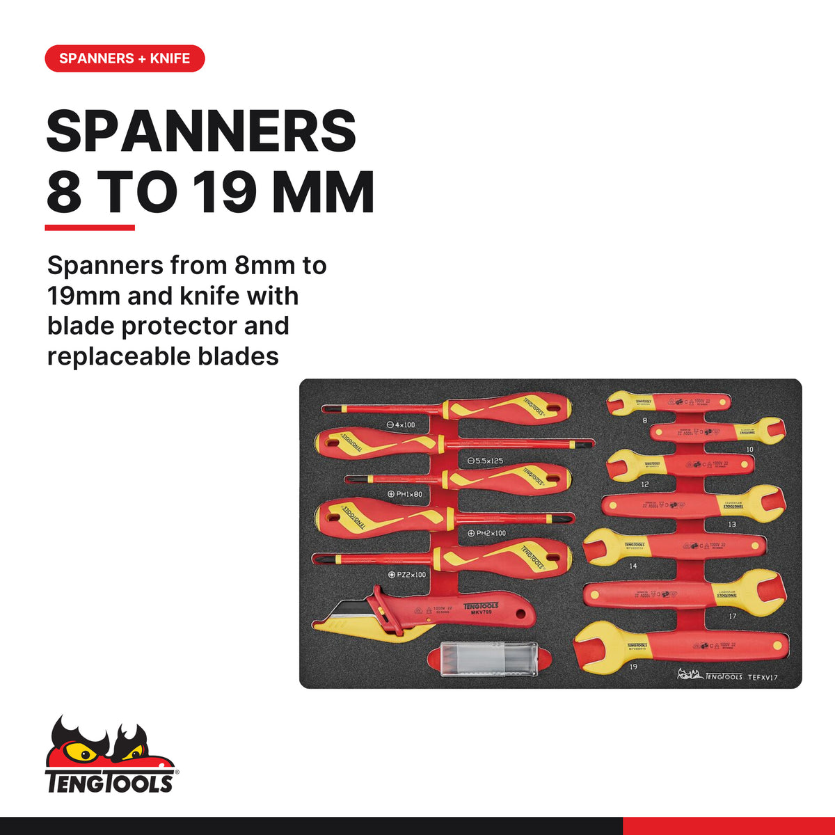Teng Tools TC-6TE03 MECCA PRO TC-6T FOAM Electrician Tool Kit 37 Pieces, spanners from 8mm to 19mm and knife with blade