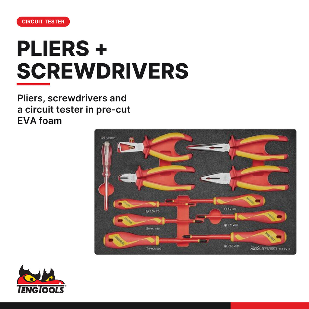 Teng Tools TC-6TE05 MECCA PRO TC-6 FOAM Electrician Tool Kit 29 Pieces, pliers, screwdrivers and a circuit tester in pre-cut