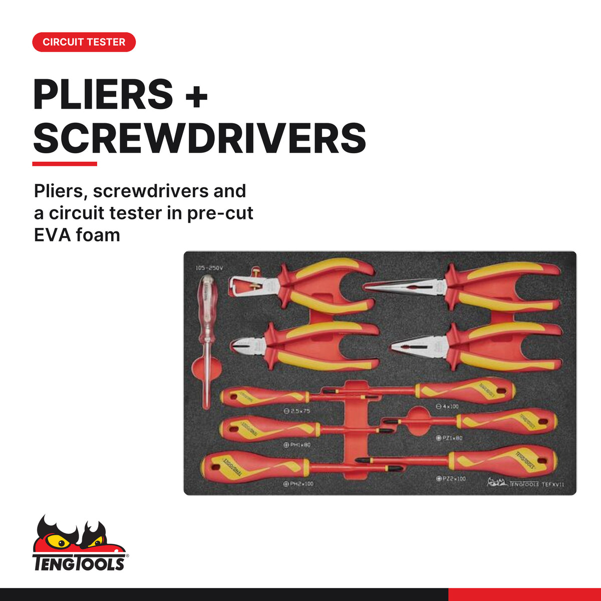 Teng Tools TC-6TE05 MECCA PRO TC-6 FOAM Electrician Tool Kit 29 Pieces, pliers, screwdrivers and a circuit tester in pre-cut