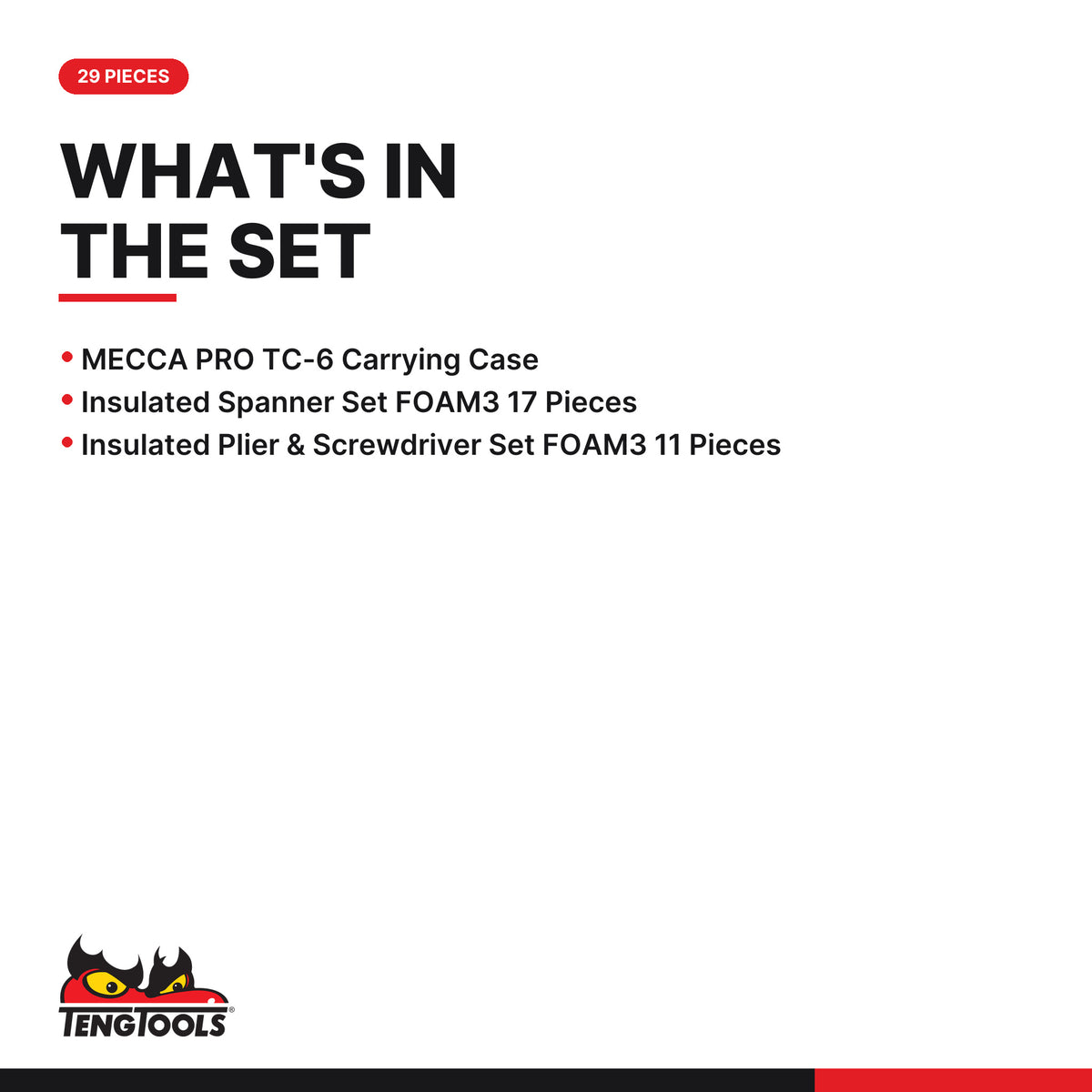 Teng Tools TC-6TE05 MECCA PRO TC-6 FOAM Electrician Tool Kit 29 Pieces, what's in the set
