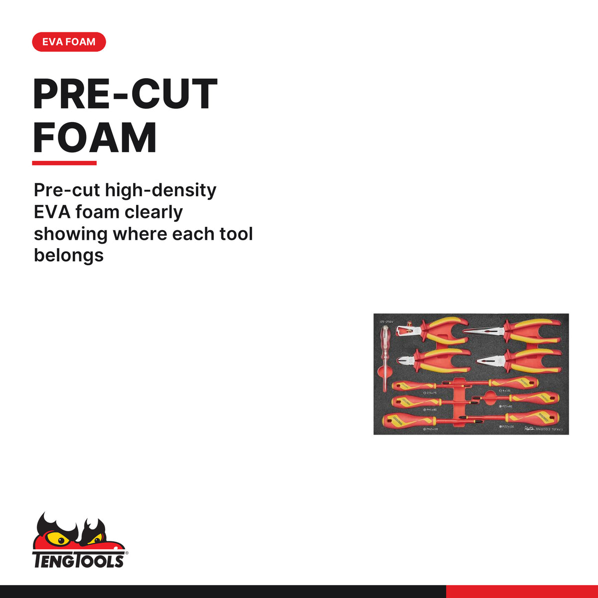 Teng Tools TC-6TE06 MECCA PRO TC-6 FOAM Electrician Tool Kit 39 Pieces, pre-cut high-density EVA foam clearly showing where