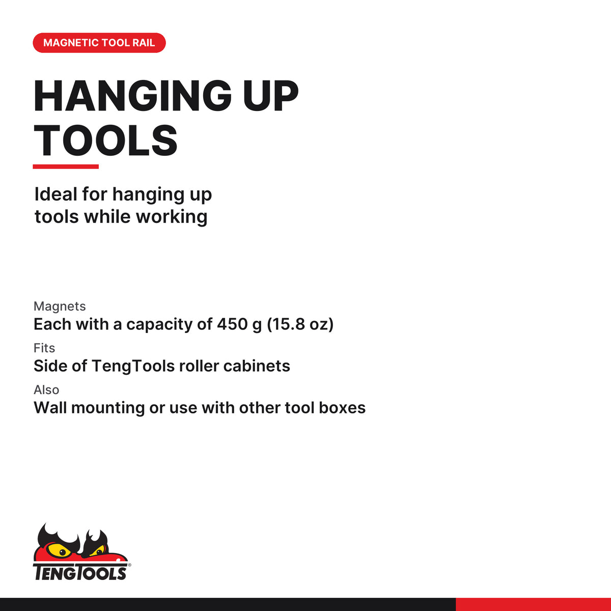 Teng Tools TC-MAG Magnetic Tool Rail, ideal for hanging up tools while working