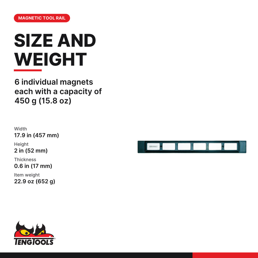 Teng Tools TC-MAG Magnetic Tool Rail, 6 individual magnets each with a capacity of 450 g (15.8 oz)