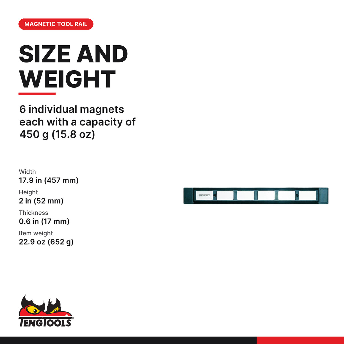 Teng Tools TC-MAG Magnetic Tool Rail, 6 individual magnets each with a capacity of 450 g (15.8 oz)