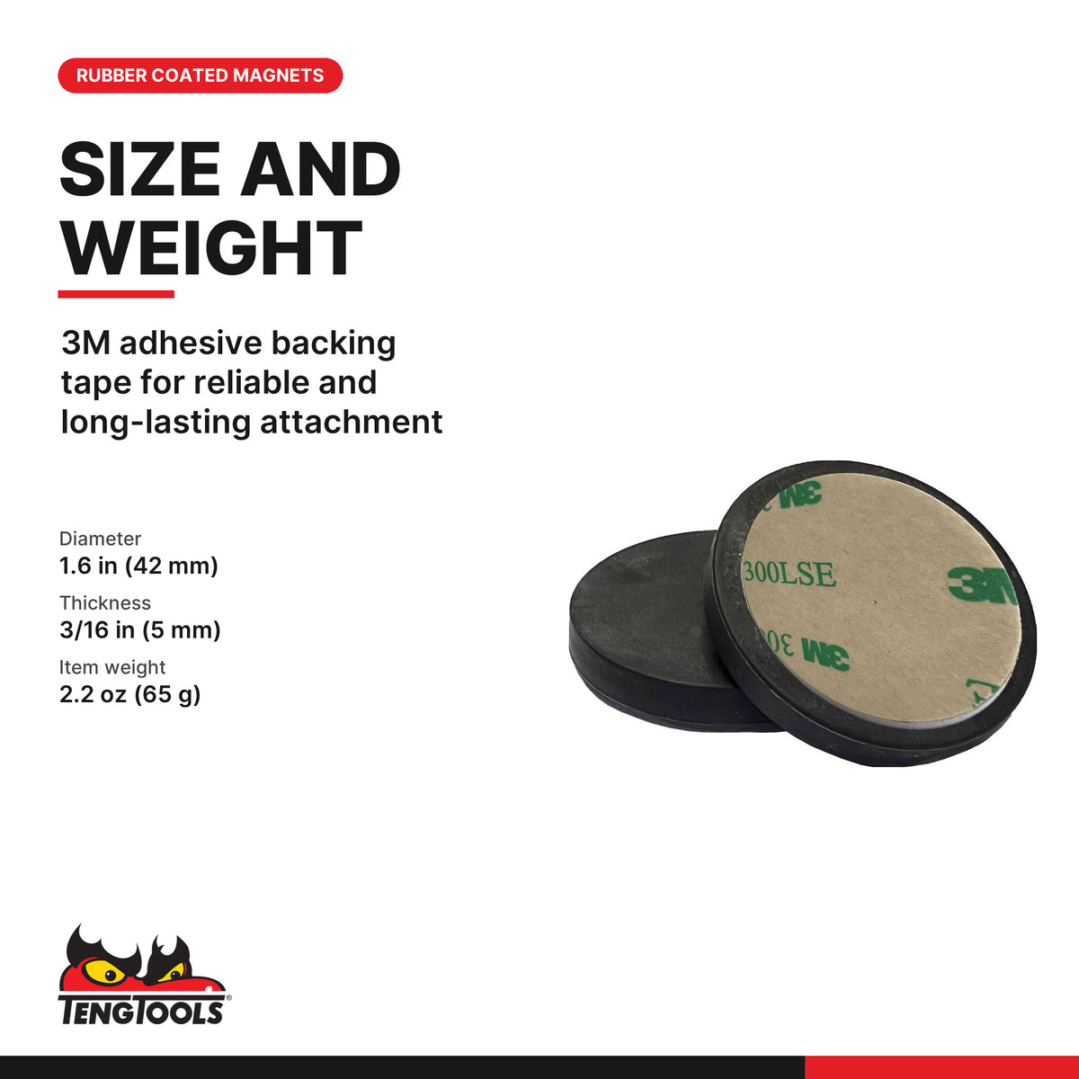Teng Tools TC-MAG1 Rubber Coated Magnets with Adhesive Tape 2 Pcs, 3M adhesive backing tape for reliable and long-lasting