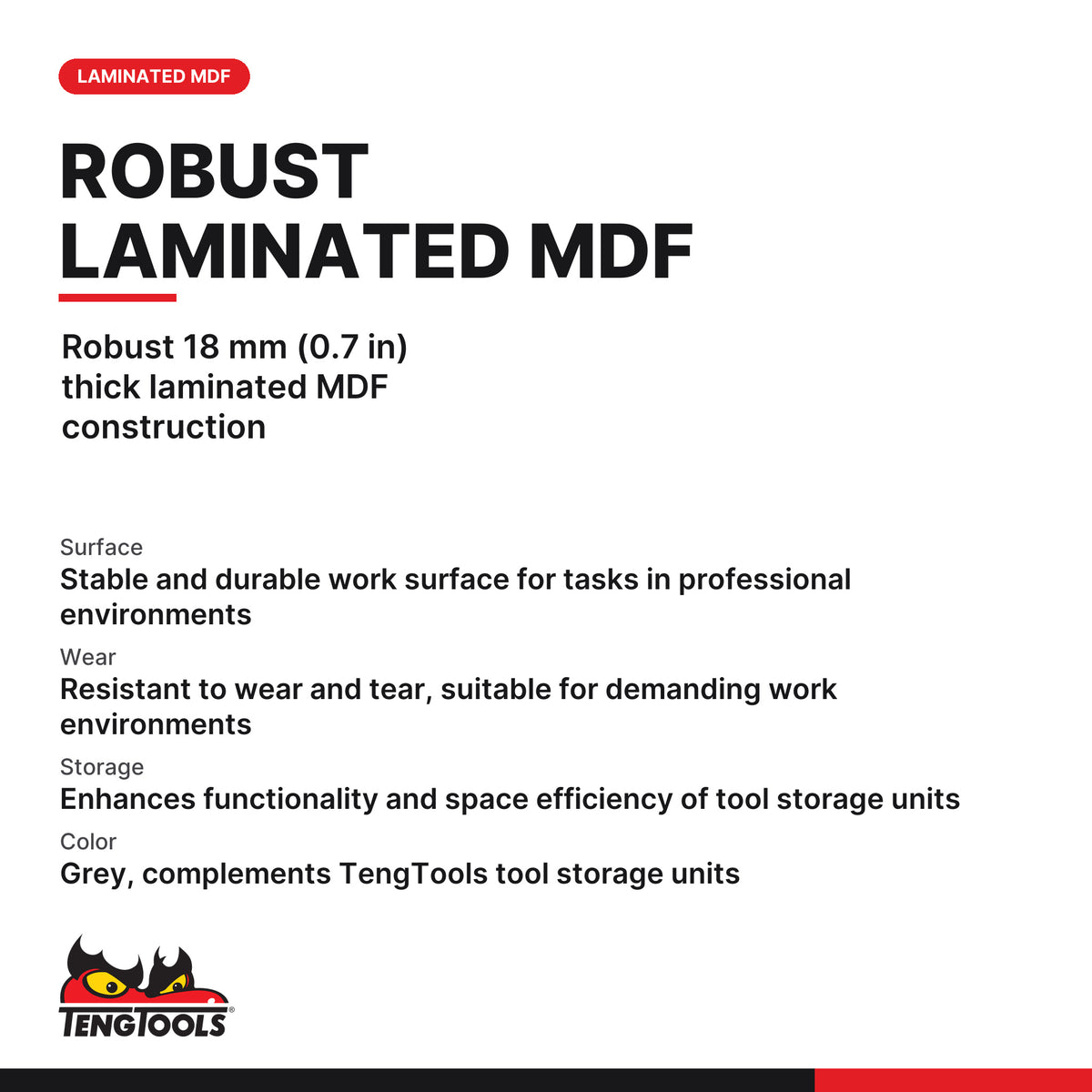 Teng Tools TC-TB05 18 Mm Laminated Work Top for 26 Roller Cabinet, robust 18 mm (0.7 in) thick laminated MDF construction