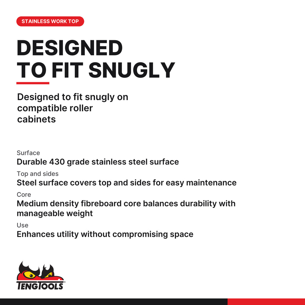 Teng Tools TC-TBS04 Stainless Steel Work Top for 37 Roller Cabinet, designed to fit snugly on compatible roller cabinets