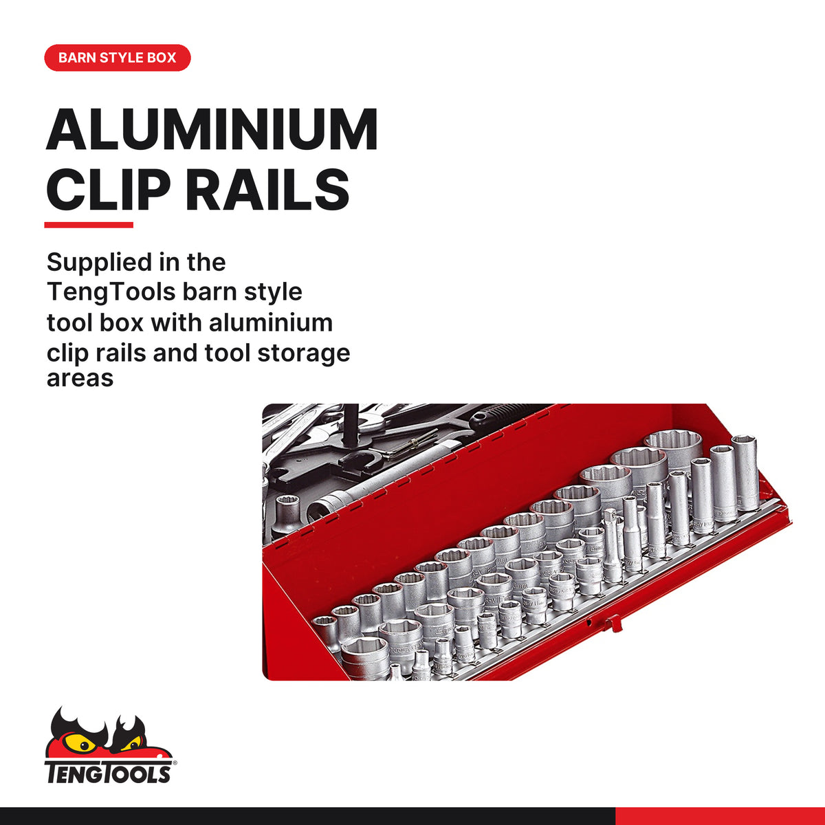 Teng Tools TC187 Barn Style Tool Box Tool Kit 187 Pieces, supplied in the TengTools barn style tool box with aluminium clip