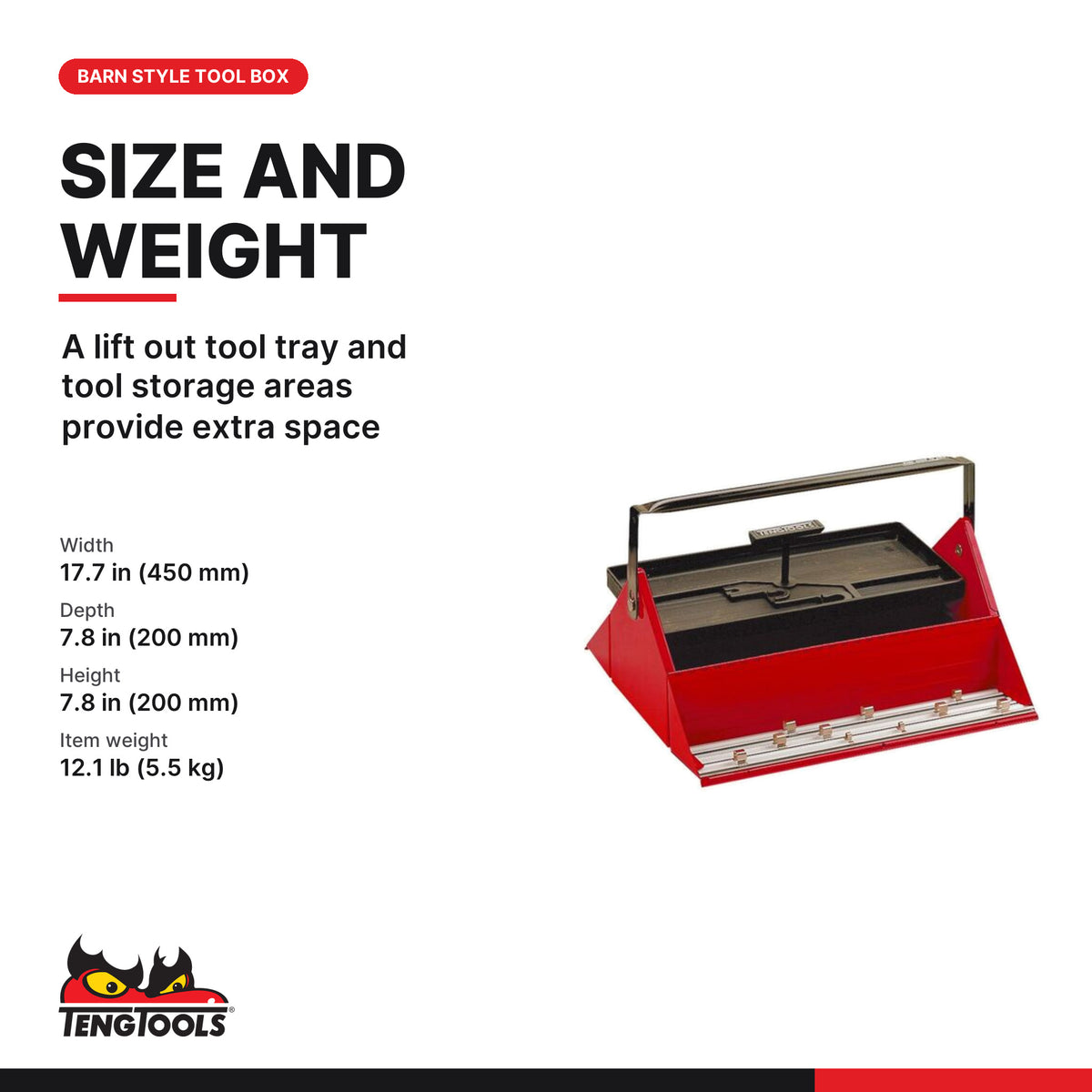 Teng Tools TC450 17.7 Inch Steel Cantilever Barn Style Empty Portable, A lift out tool tray and tool storage areas provide