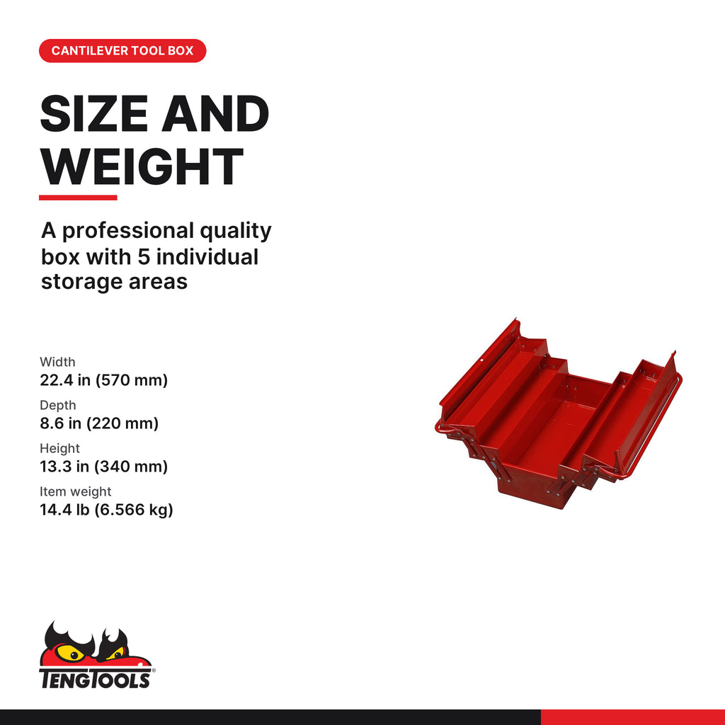 Teng Tools TC540 Red Metal Cantilever Tool Box, A professional quality box with 5 individual storage areas