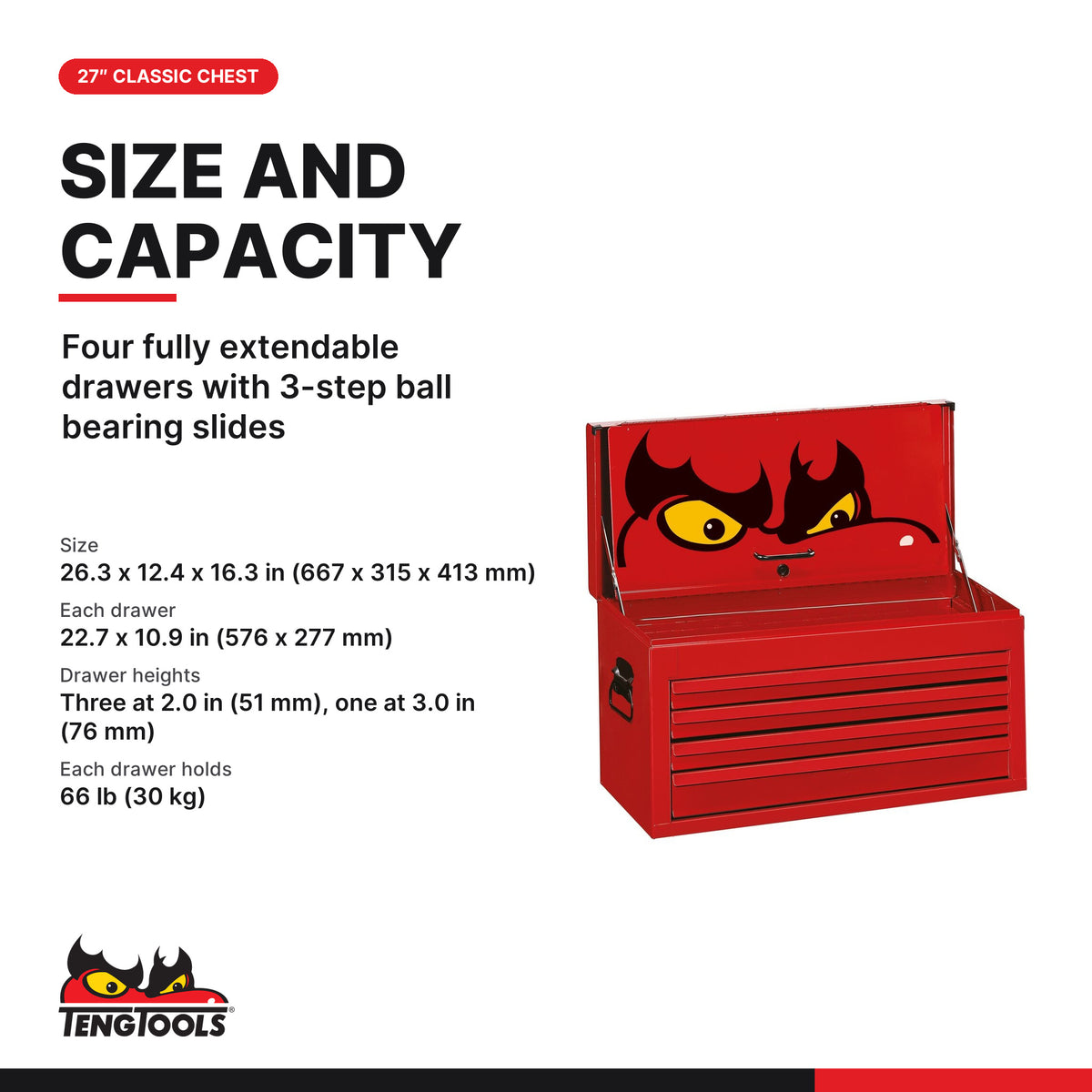 Teng Tools TC704K 27" Classic Tool Chest 4 Drawers Red, four fully extendable drawers with 3-step ball bearing slides