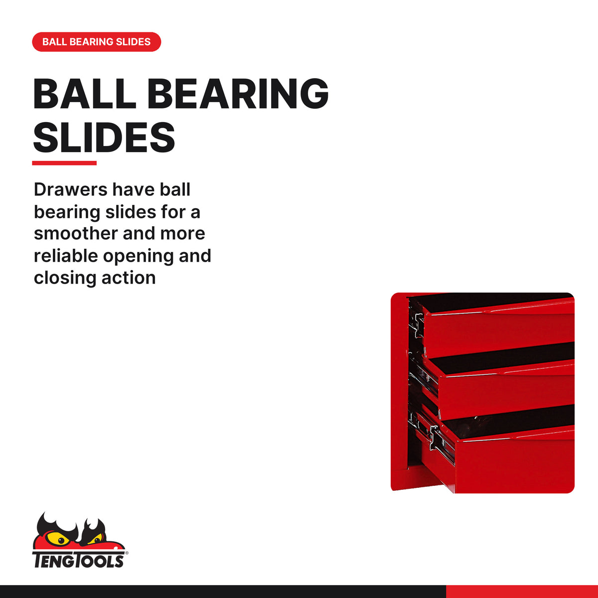 Teng Tools TC803USV 26 Inch Classic Red 3 Drawer Tool Chest, drawers have ball bearing slides for a smoother and more