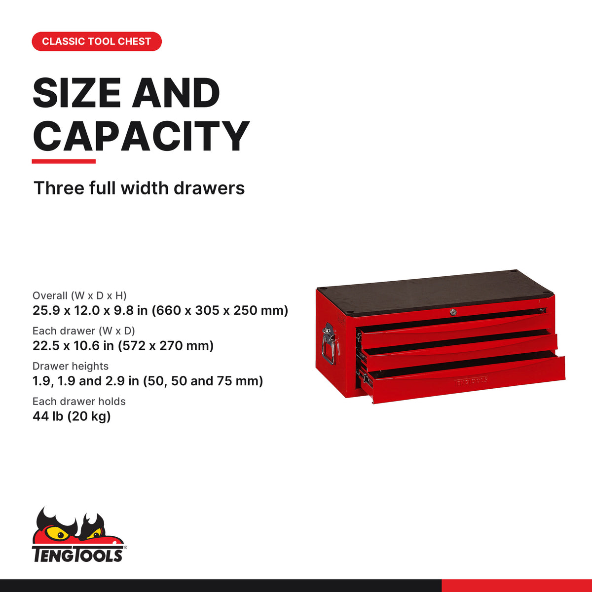 Teng Tools TC803USV 26 Inch Classic Red 3 Drawer Tool Chest, three full width drawers