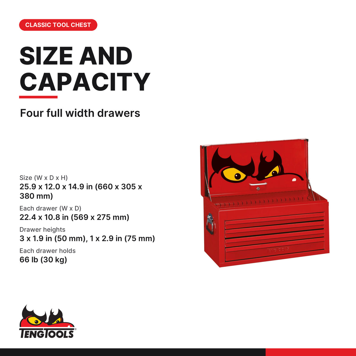Teng Tools TC804EV 26" Classic Tool Chest 4 Drawers Red, four full width drawers