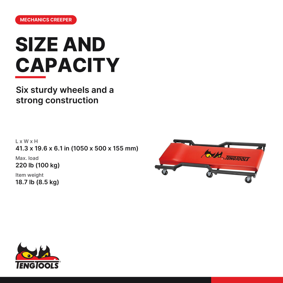 Teng Tools TCA07 Mechanics Creeper, six sturdy wheels and a strong construction