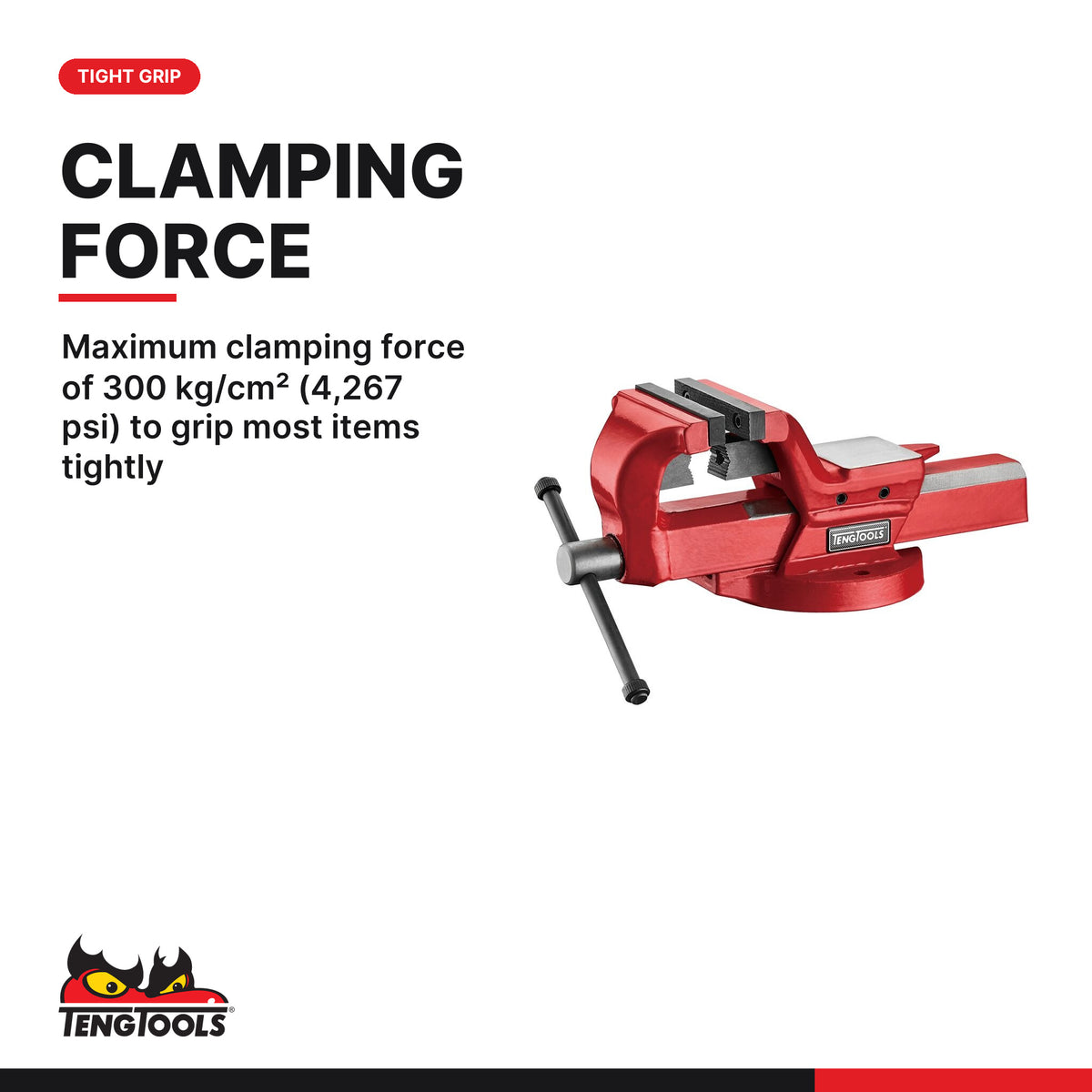 Teng Tools TCAV4 4 Inch Heavy Duty Forged Steel Workbench Vise, maximum clamping force of 300 kg/cm² (4,267 psi) to grip