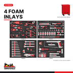 Teng Tools TCMME217K 217 piece 27in red roller cabinet tool kit, every tray in the kit at true size
