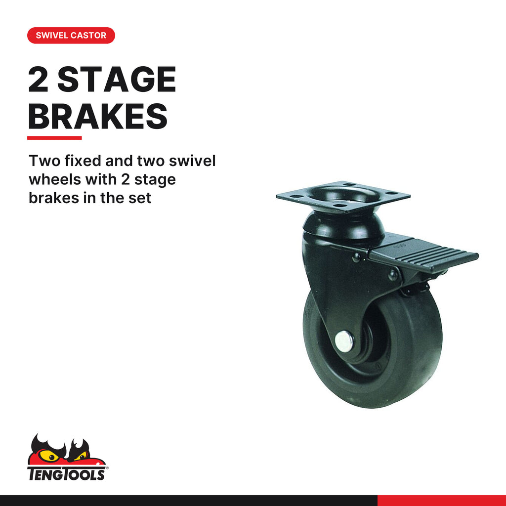 Teng Tools TCNBC Wheel Set 5" x 2" Needle Bearing Castors, two fixed and two swivel wheels with 2 stage brakes in the set