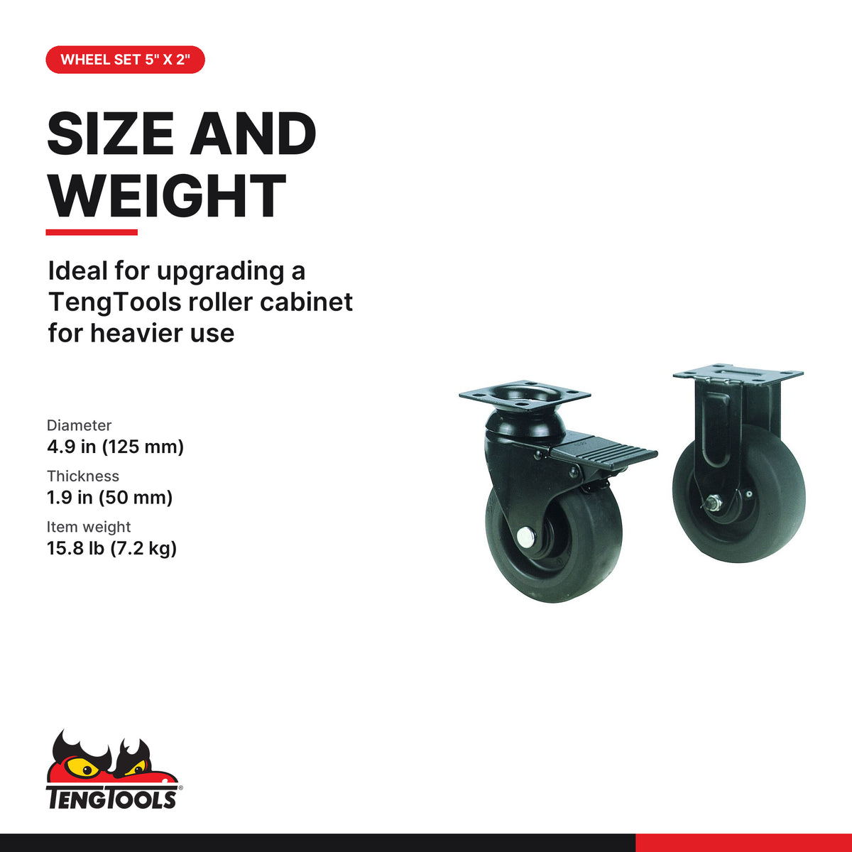Teng Tools TCNBC Wheel Set 5" x 2" Needle Bearing Castors, ideal for upgrading a TengTools roller cabinet for heavier use
