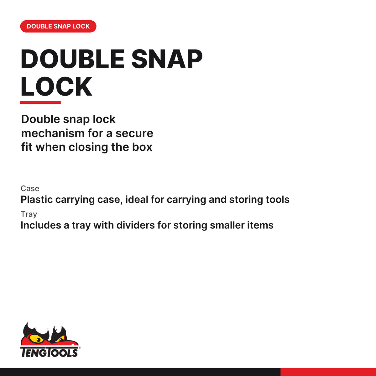 Teng Tools TCP445C Plastic Tool Box, double snap lock mechanism for a secure fit when closing the box