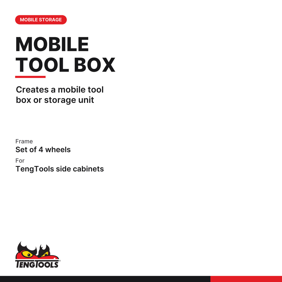 Teng Tools TCSMC Trolley for Side Cabinet, Red Wheeled Frame with Set, creates a mobile tool box or storage unit