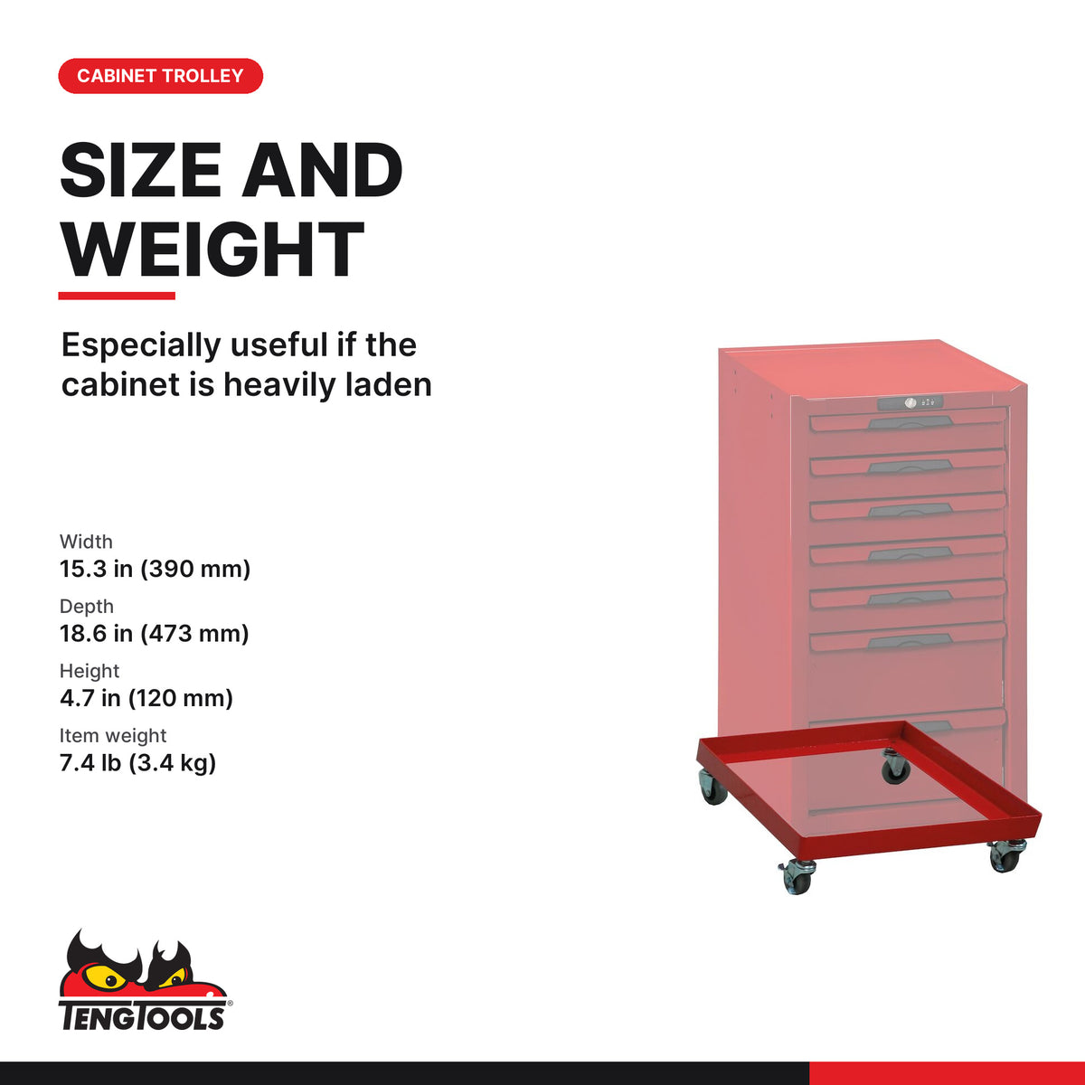 Teng Tools TCSMC Trolley for Side Cabinet, Red Wheeled Frame with Set, especially useful if the cabinet is heavily laden
