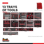 Teng Tools TCW707EV-KIT3 240 piece 26in red roller cabinet tool kit, every tray in the kit at true size