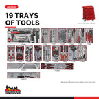 Teng Tools TCW707EV-KIT4 288 piece 26in red roller cabinet tool kit, every tray in the kit at true size