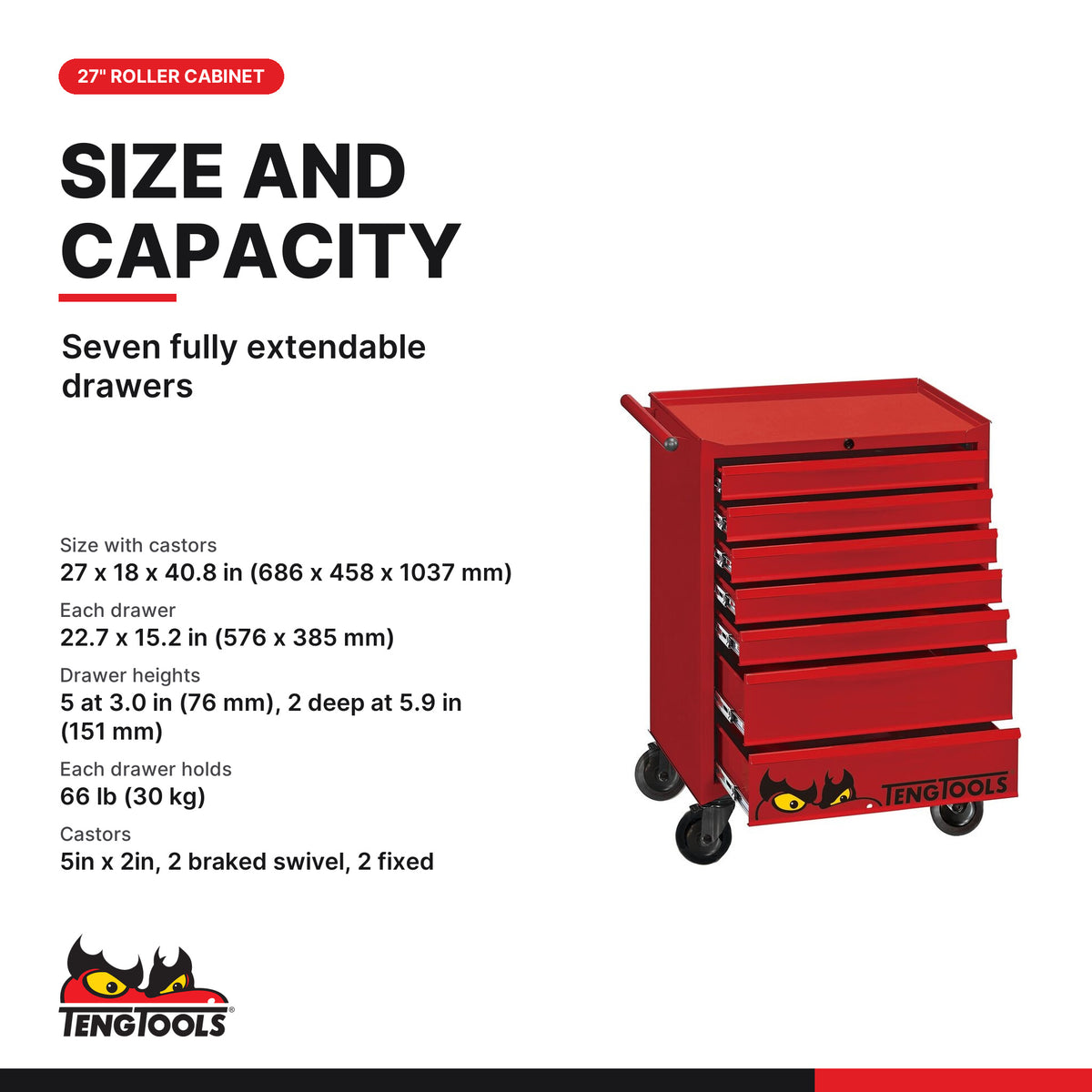 Teng Tools TCW707K 27″ Classic Roller Cabinet 7 Drawers Red, seven fully extendable drawers